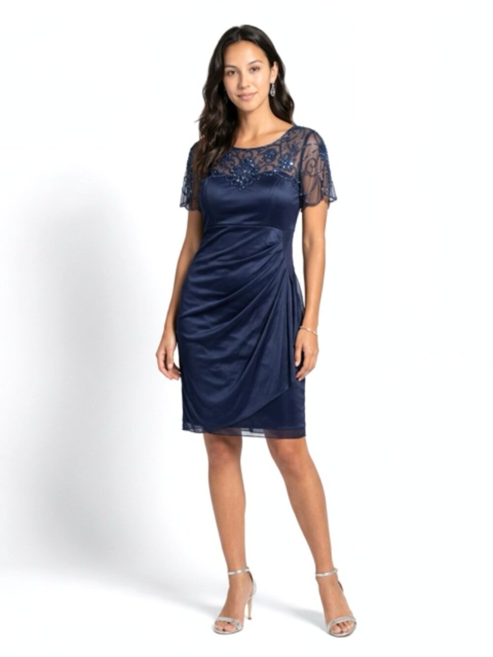 Xscape Navy Blue Beaded Cap Sleeve Ruched Formal Cocktail Dress Size 12